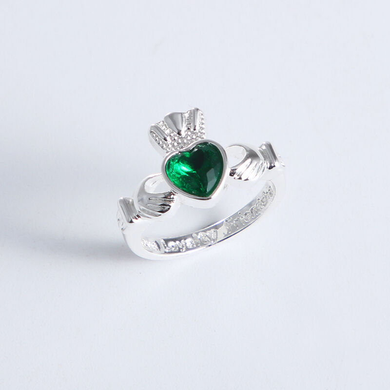 Grá Collection Silver Plated Claddagh Ring With Green Cubic Zirconia Stone